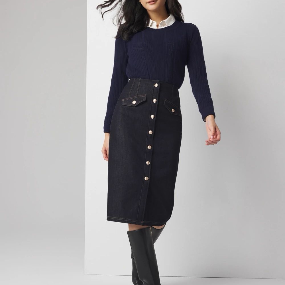 White House Black Market Denim Button-Front Pencil MIDI Skirt in Midnight Rinse